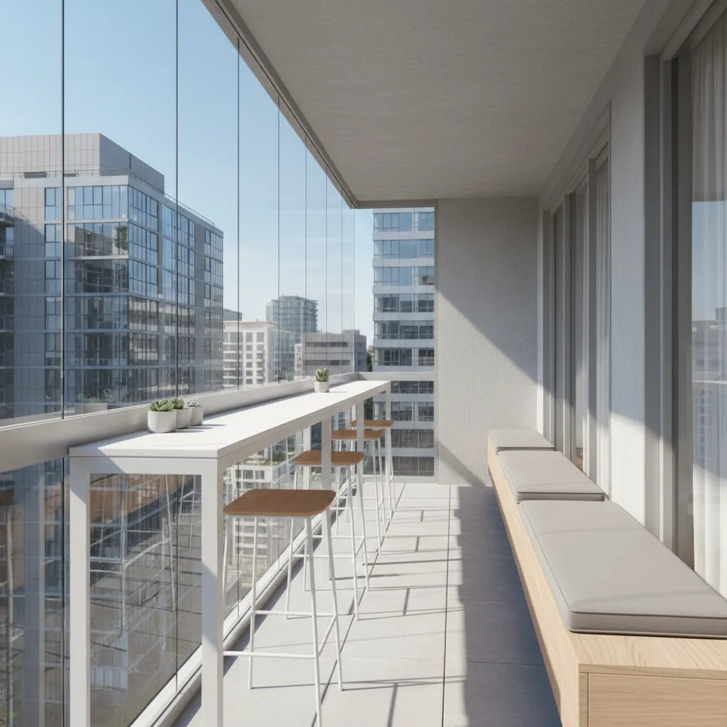 linear furniture arrangement in narrow balcony with railing bar table