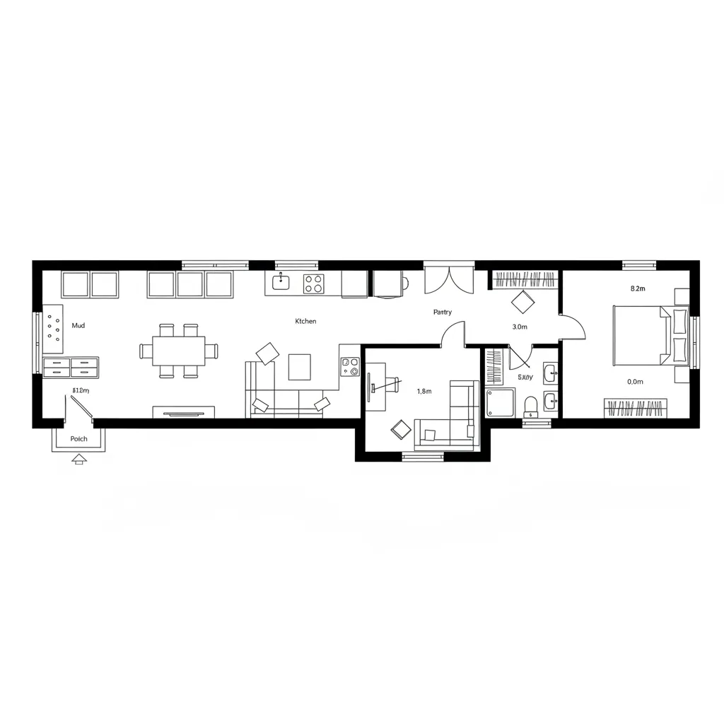 Top-down CAD plan with single-loaded corridor and flex room