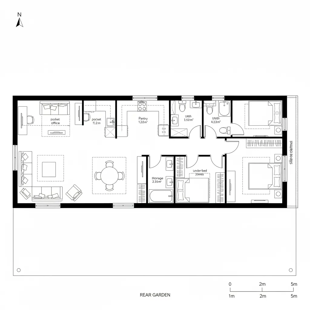 Top-down CAD floor plan with a linear bar layout and integrated micro nooks