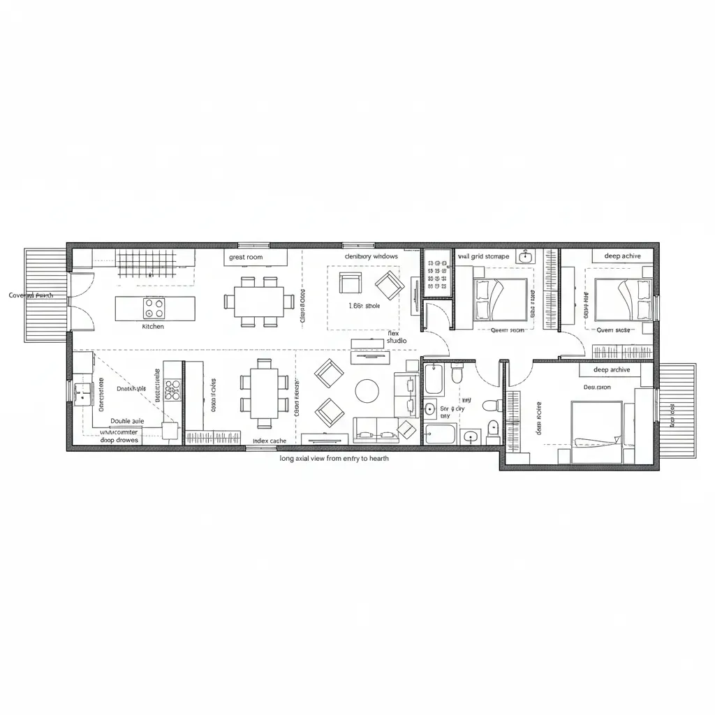 Top-down CAD plan of linear barn bar with attached flex studio