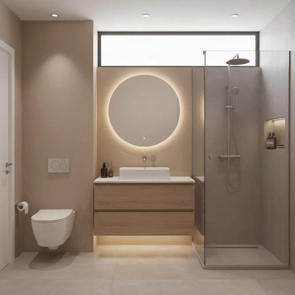 8x10 bathroom with vanity toilet and shower aligned along one wall