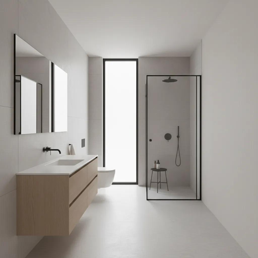 Narrow bathroom with vanity toilet and shower arranged in a linear layout