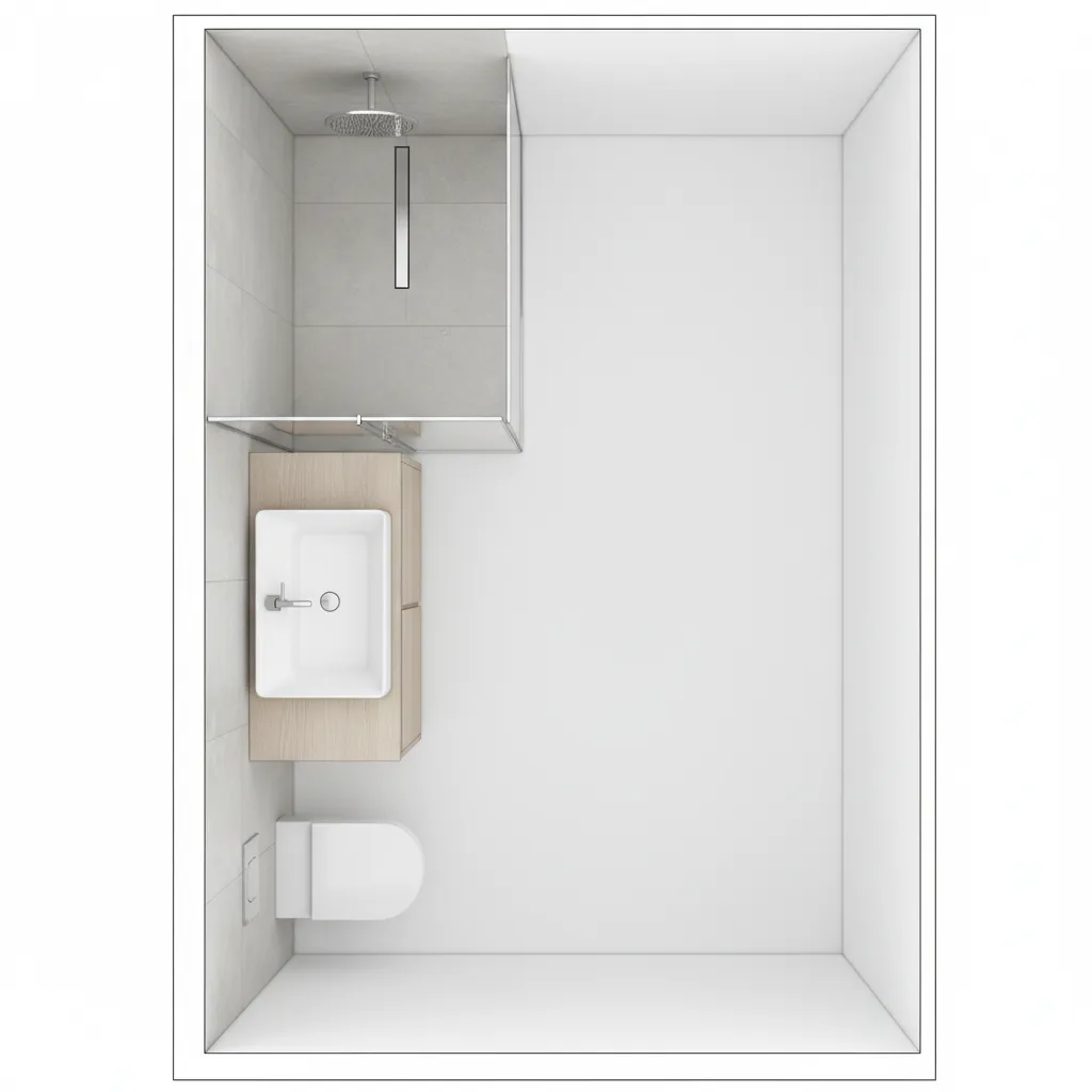 Diagram style visualization of single wall 7x4 bathroom layout with circulation space