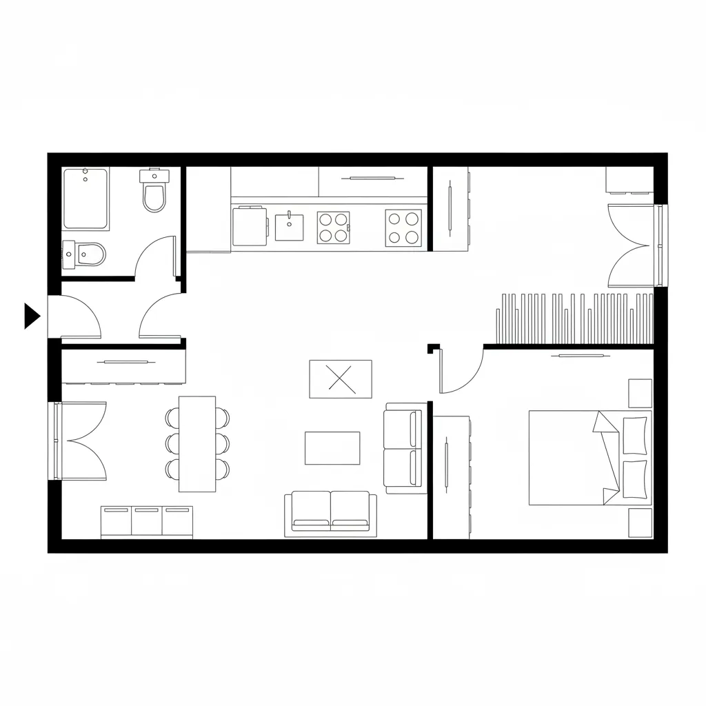Top-down CAD floor plan of a linear studio with axial spine and galley kitchen