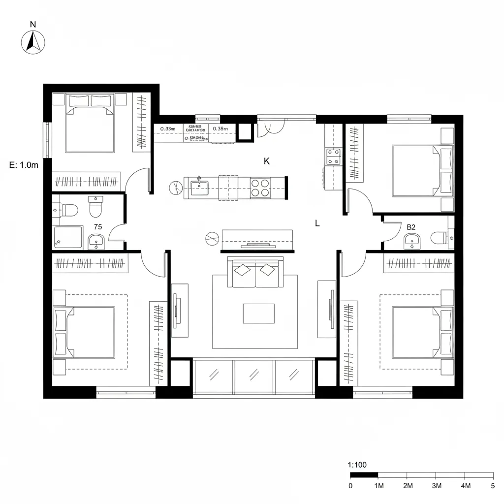Top-down CAD plan of a linear suite with a 42-inch buffer hall and sequential rooms