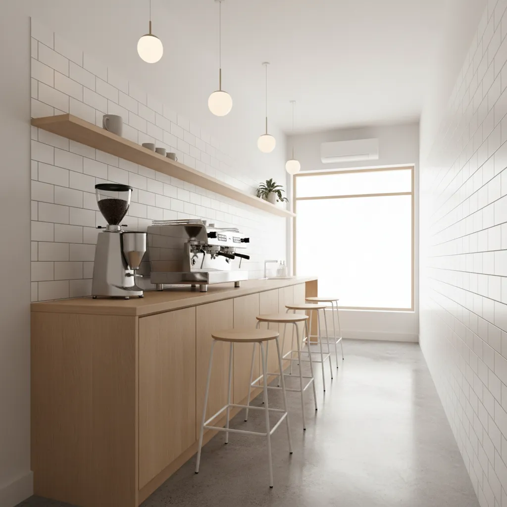 Linear coffee bar layout along a wall in a small minimalist cafe