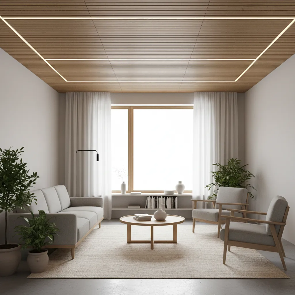 Small living room with linear ceiling panels and modern lighting
