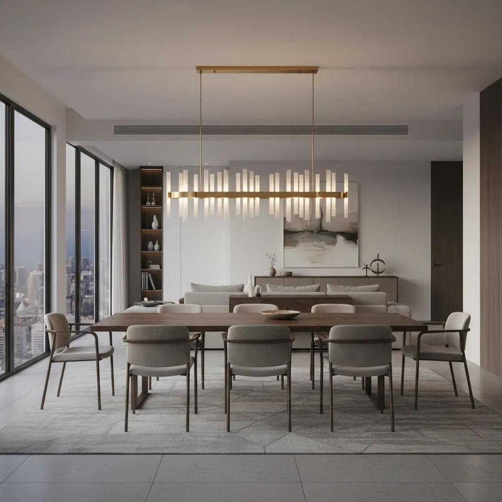 Linear chandelier installed above a long rectangular dining table