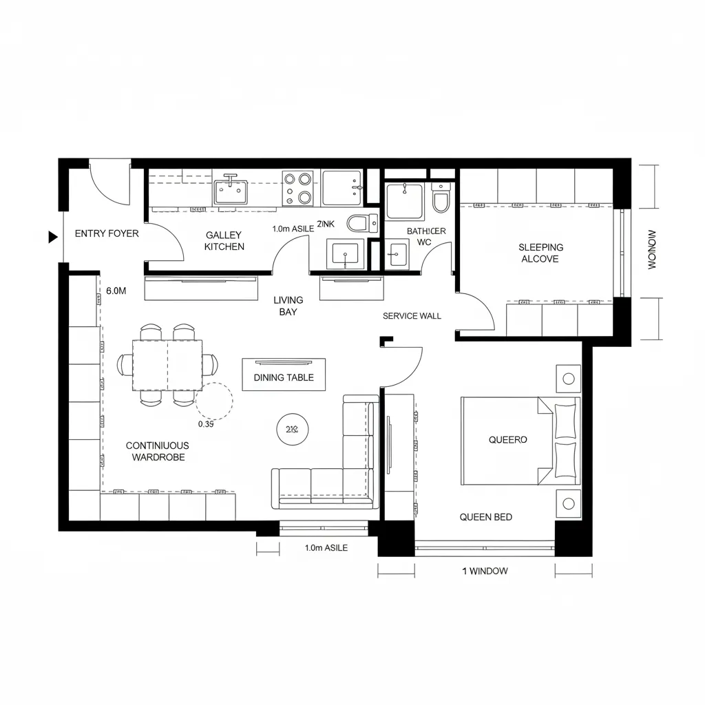 Studio apartment floor plan showing queen bed sleeping alcove galley kitchen dining area and continuous wardrobe
