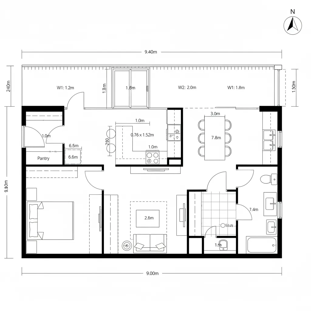 Floor plan drawing of a one bedroom apartment with living room kitchen bathroom and balcony