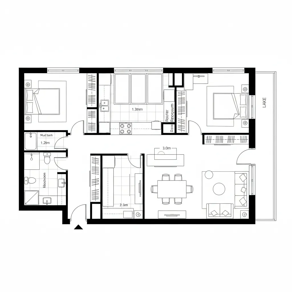 Top-down CAD plan of a linear living–dining–kitchen spine opening to a lakeside balcony