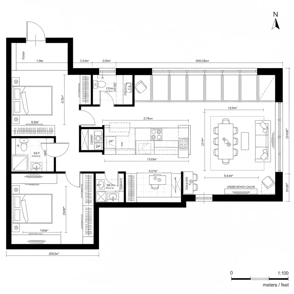Top-down CAD plan of 2-bed plus den with central service core and split private zones