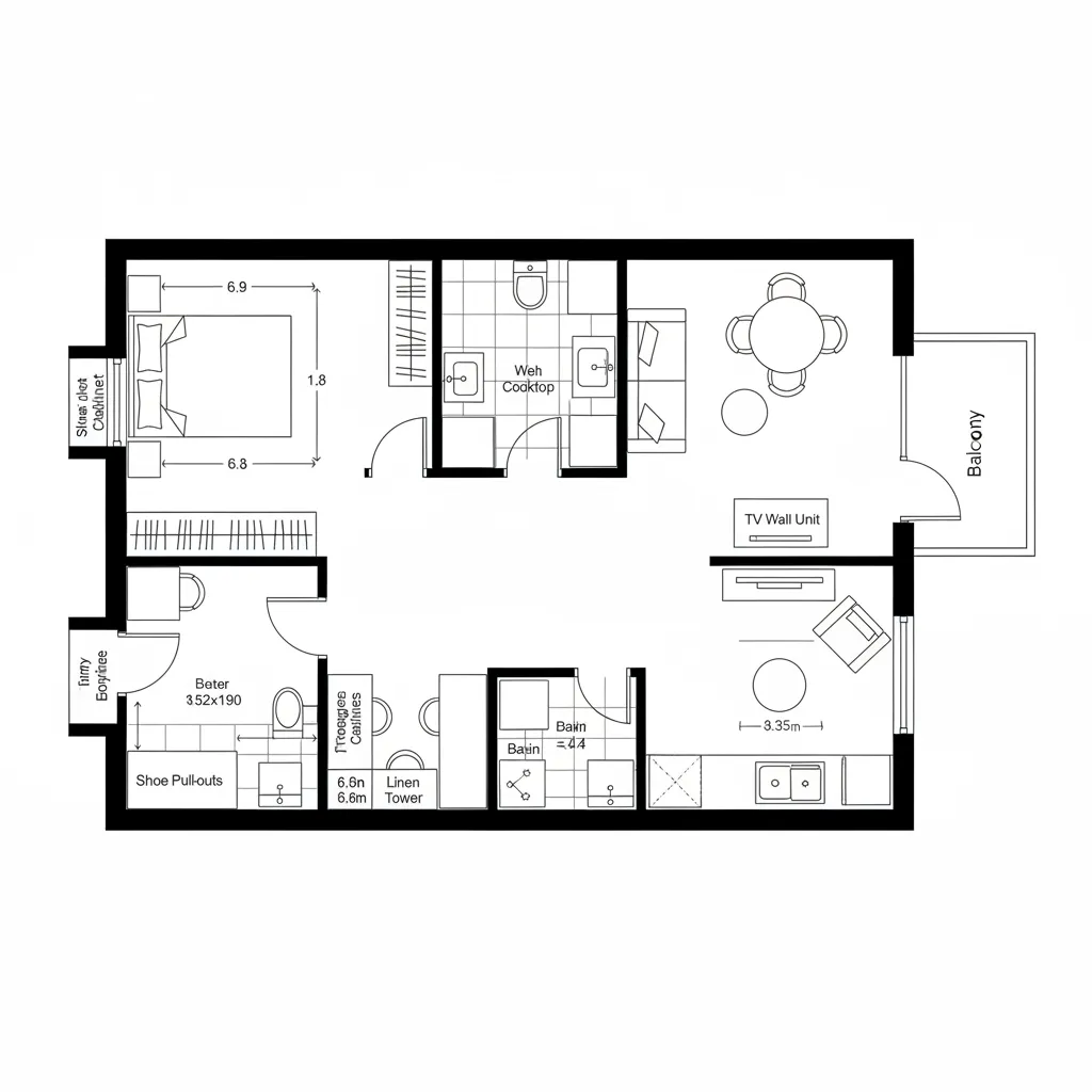 Top-down 2D CAD plan of a 1 BHK with a linear corridor spine, living to balcony, kitchen pocket, bedroom, and bath