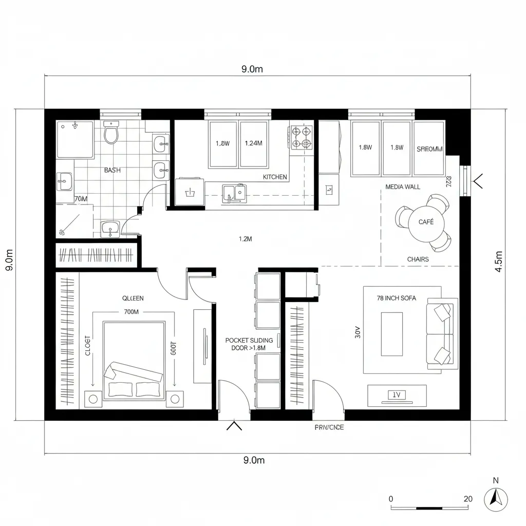 2D interior design drawing of apartment layout with bedroom kitchen living room and bathroom dimensions
