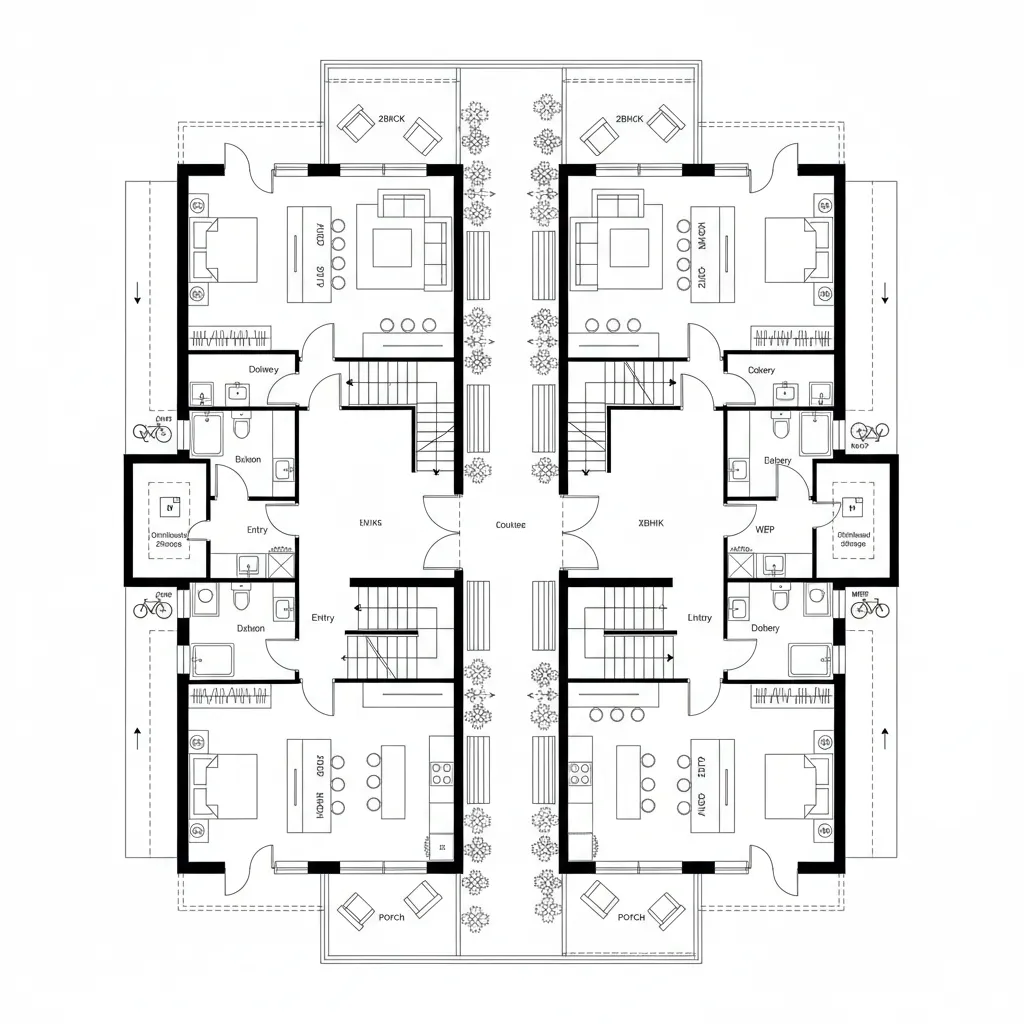 Top-down CAD plan of residential bars flanking a linear courtyard spine with porches and stair cores