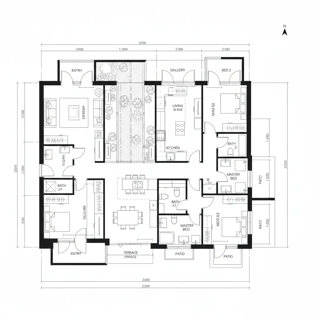 Interior design drawing of rectangular house with master bedroom and open kitchen next to long garden