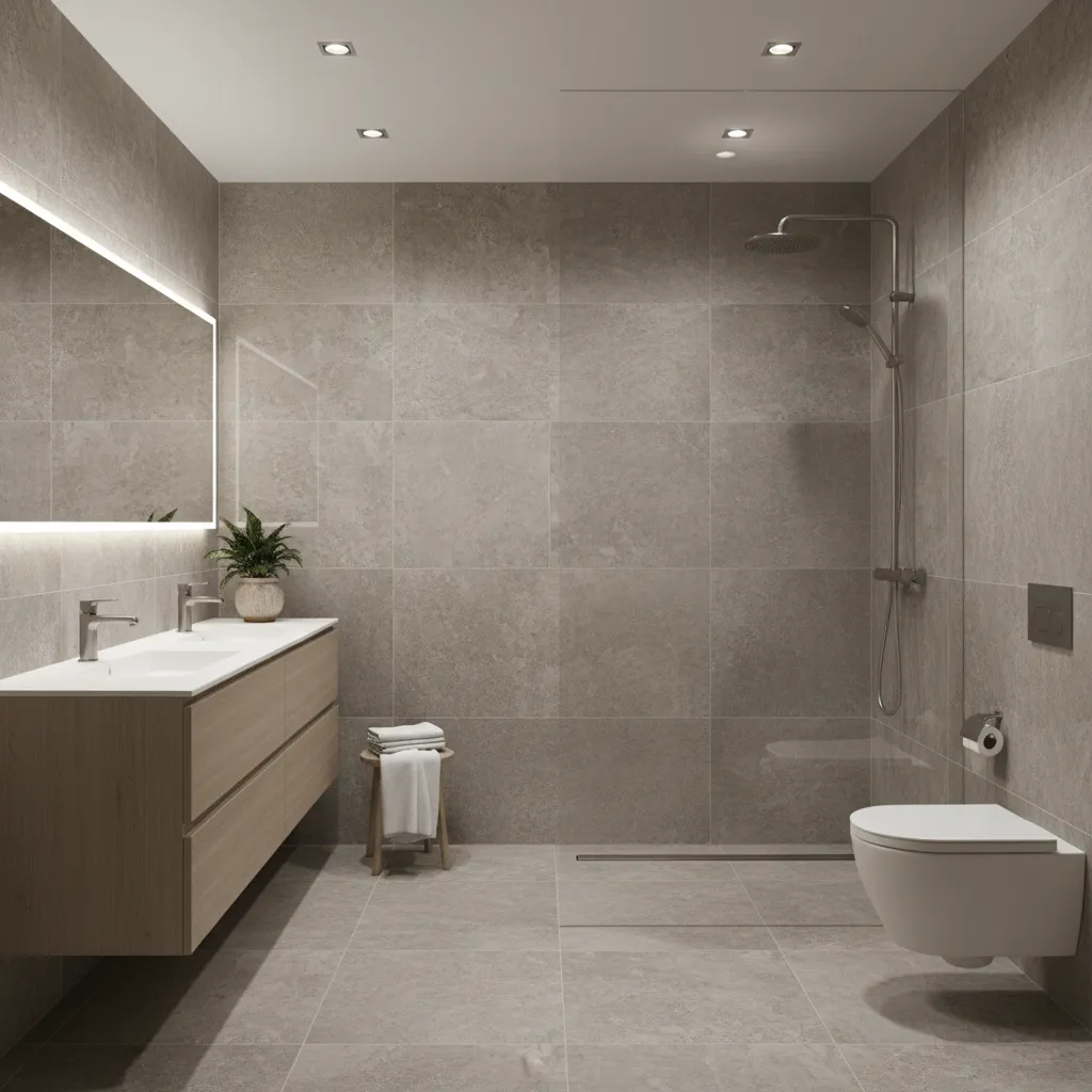 Modern shower floor with linear drain and large format tiles