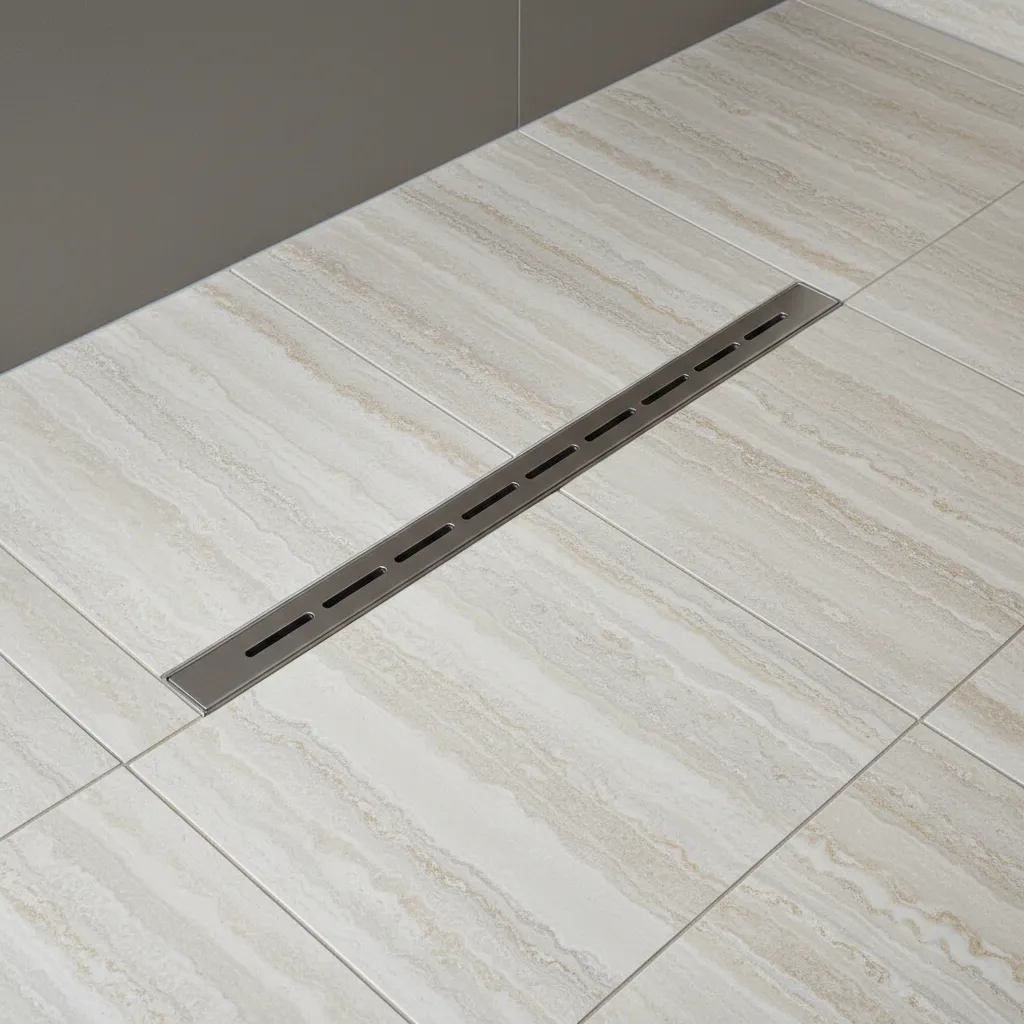Modern shower floor featuring a long metal drain set into light beige textured stone tiles