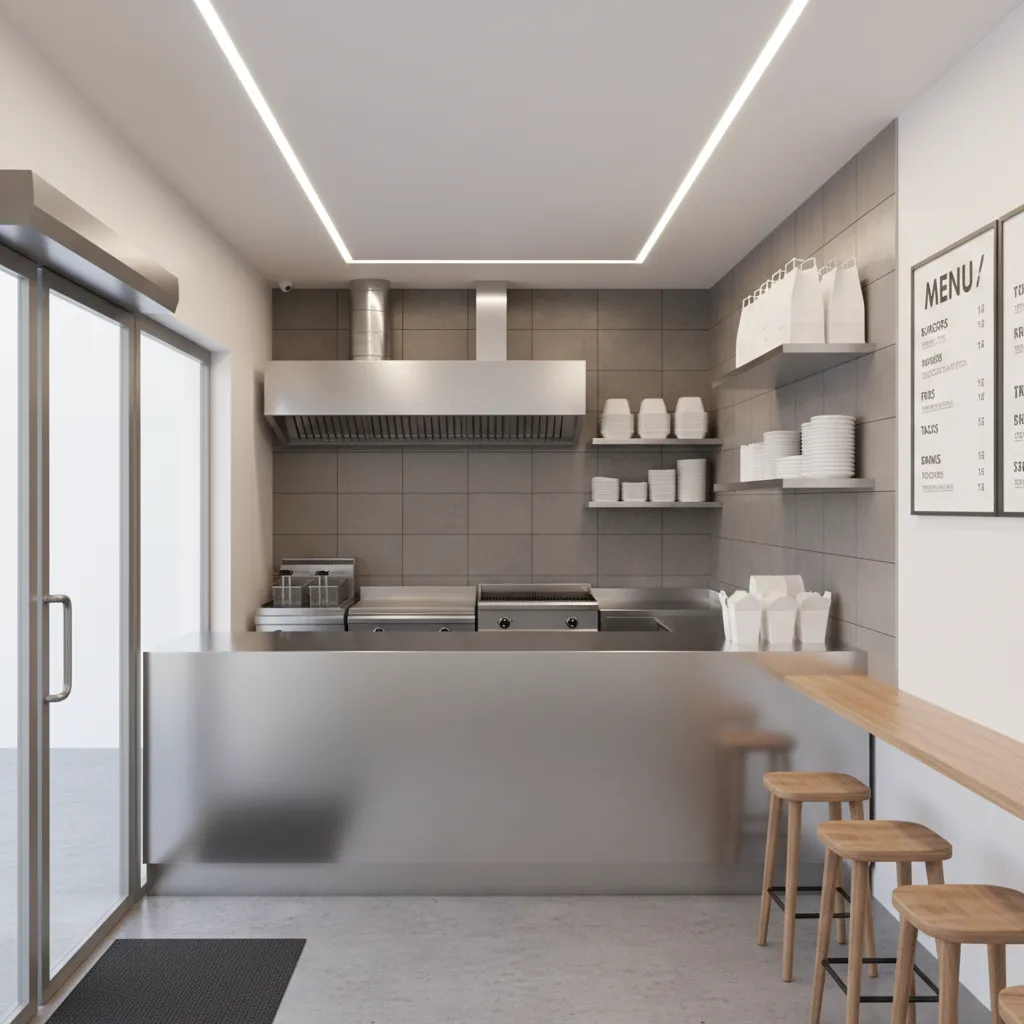 Modern fast food counter with stainless steel surfaces wooden stools menu boards and bright ceiling lights