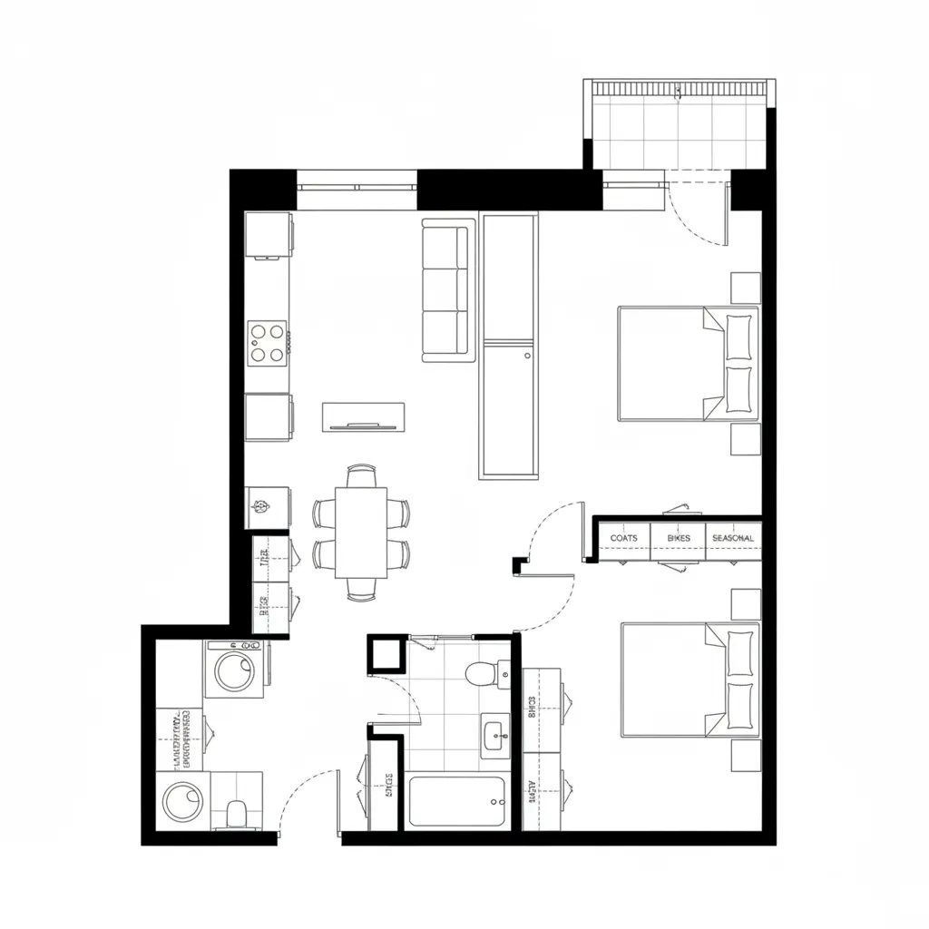 Two bedroom apartment floor plan featuring a kitchen dining area living room and outdoor balcony