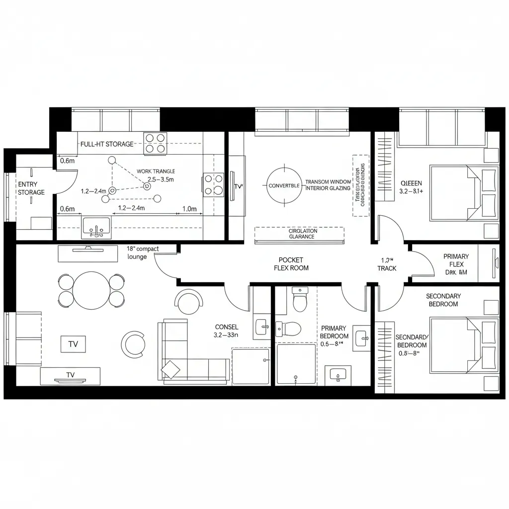 Top-down CAD plan of linear gallery layout with pocket flex room