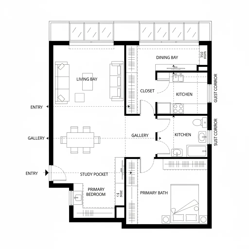 Top-down CAD plan of a linear gallery spine with living, dining, study, and suite