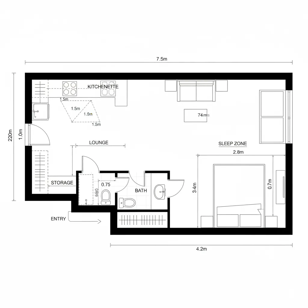 Top-down CAD plan of a linear studio aligning entry, kitchen, lounge, and Murphy bed