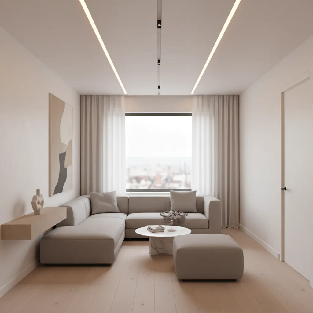 Linear gypsum ceiling design that visually extends a small hall