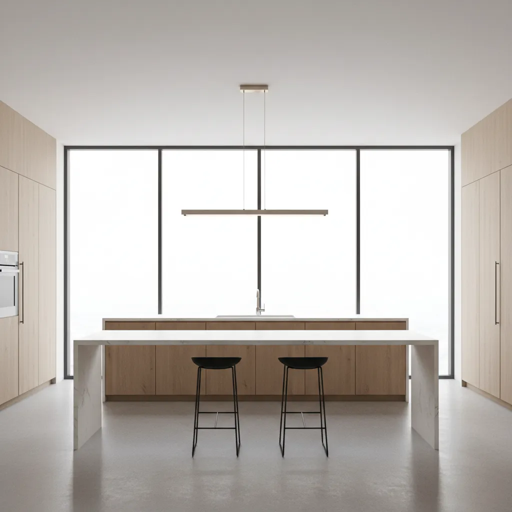 kitchen island with a linear light fixture that appears too small for the countertop