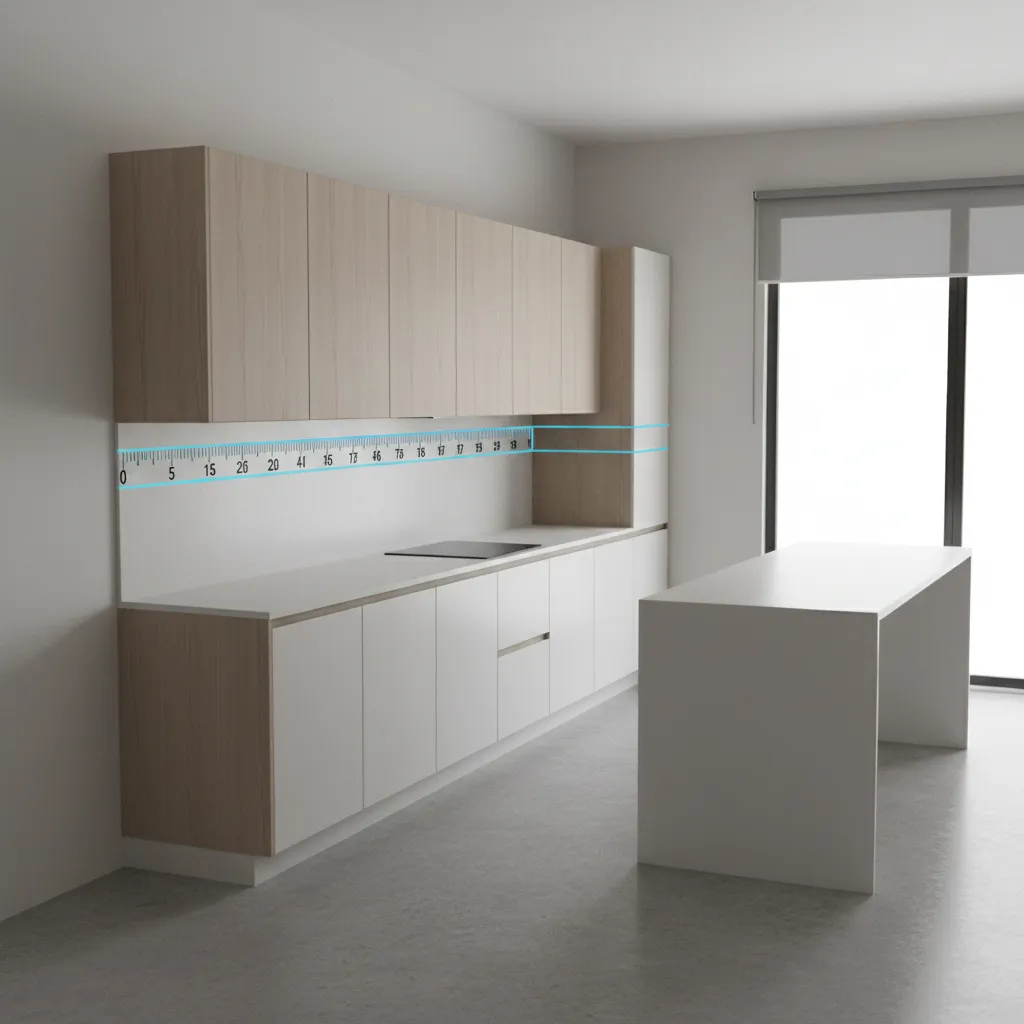 Linear kitchen layout with wooden upper cabinets white lower cabinets and a digital measurement tool