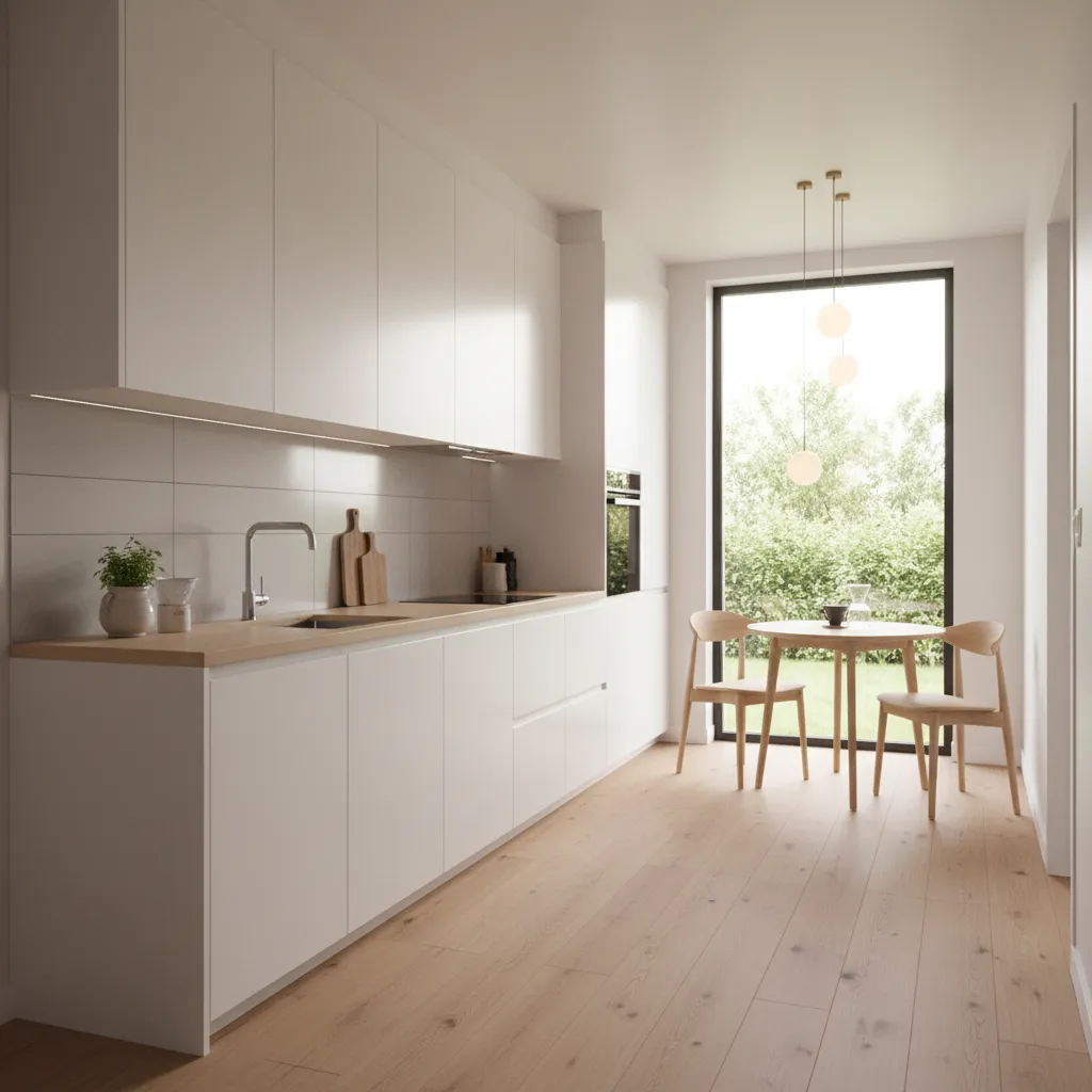 Modern white kitchen with wooden countertop white cabinets small dining table chairs and large window