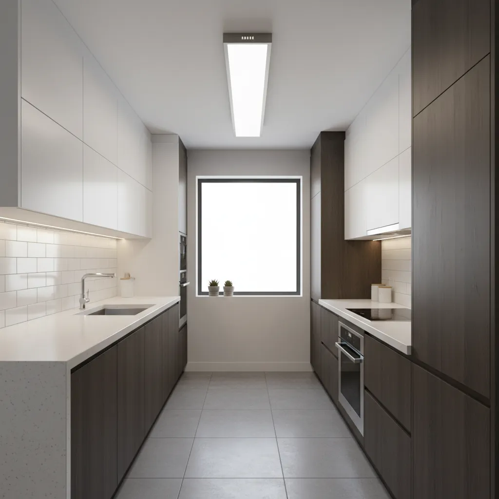 Long linear LED ceiling light illuminating a galley kitchen