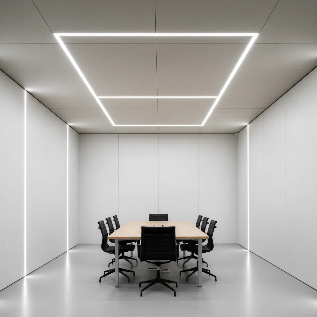 Linear ceiling lights aligned with architectural wall lines