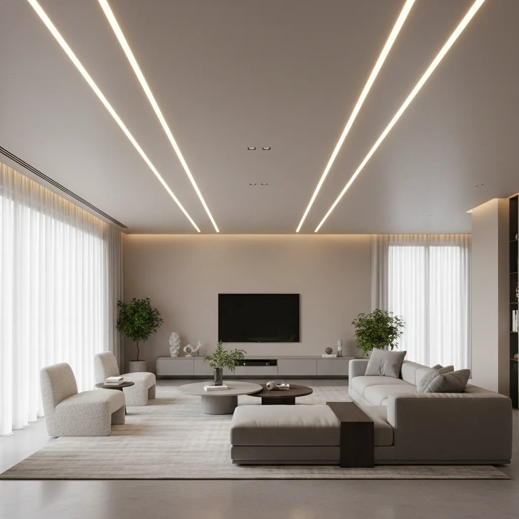 Living hall ceiling with linear LED lighting layout