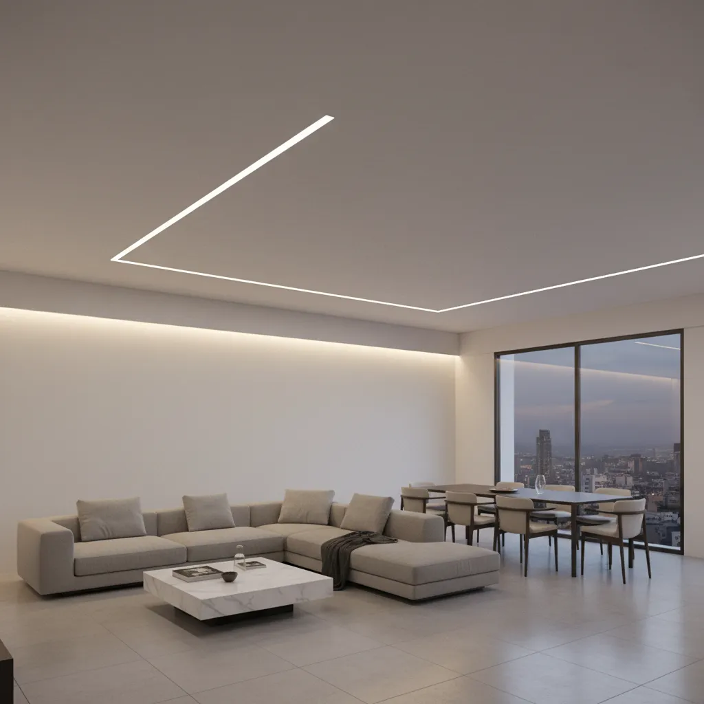 Minimalist ceiling with linear LED lighting guiding the L shaped living space
