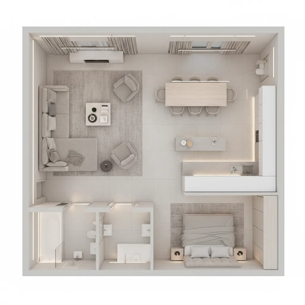 Interior design layout planning with linear lighting placement