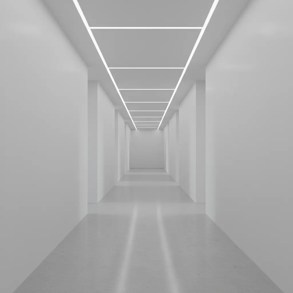 Modern hallway with continuous linear lighting guiding architectural lines