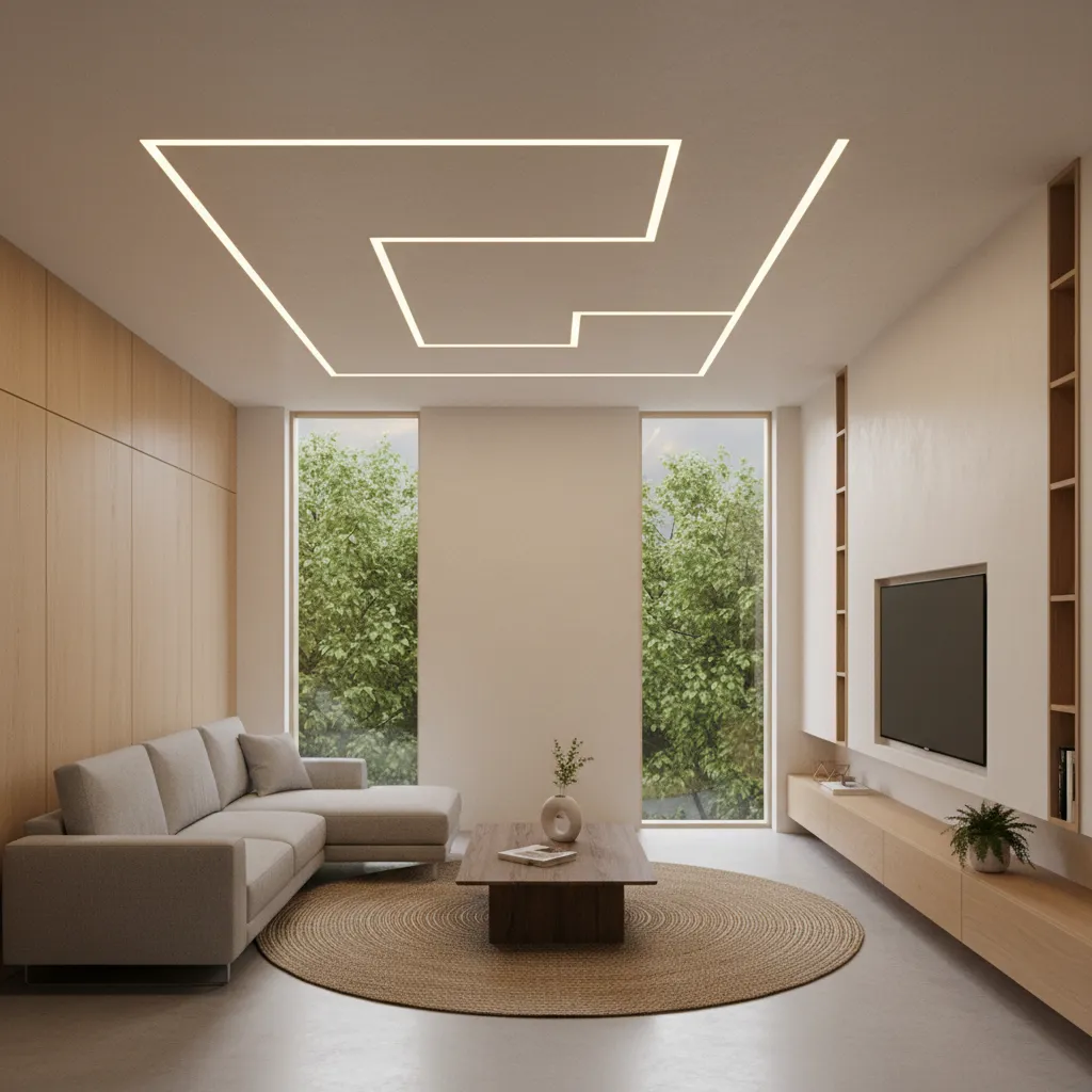 Minimalist ceiling with integrated linear LED lighting in a modern living space