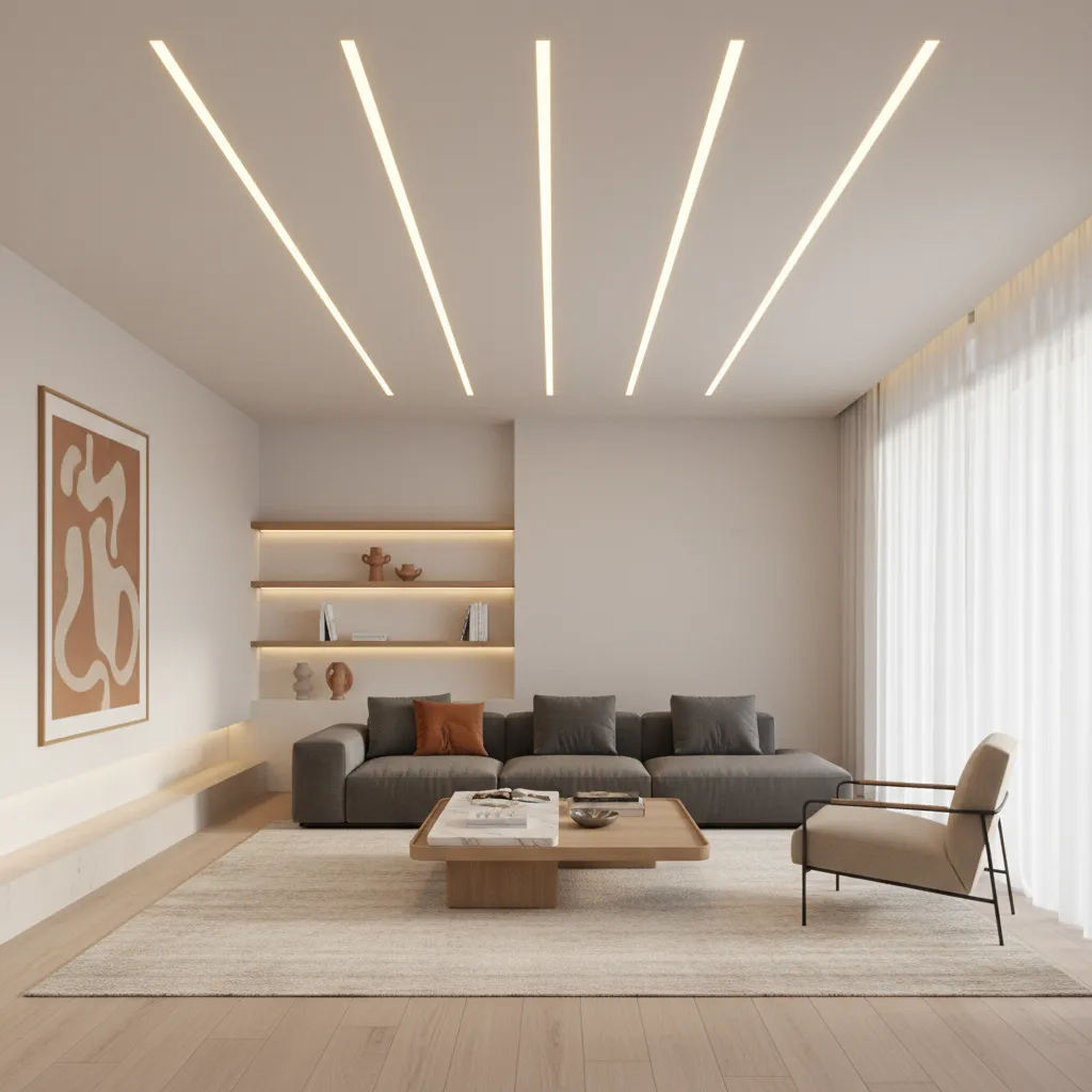Modern living room with recessed linear ceiling lighting