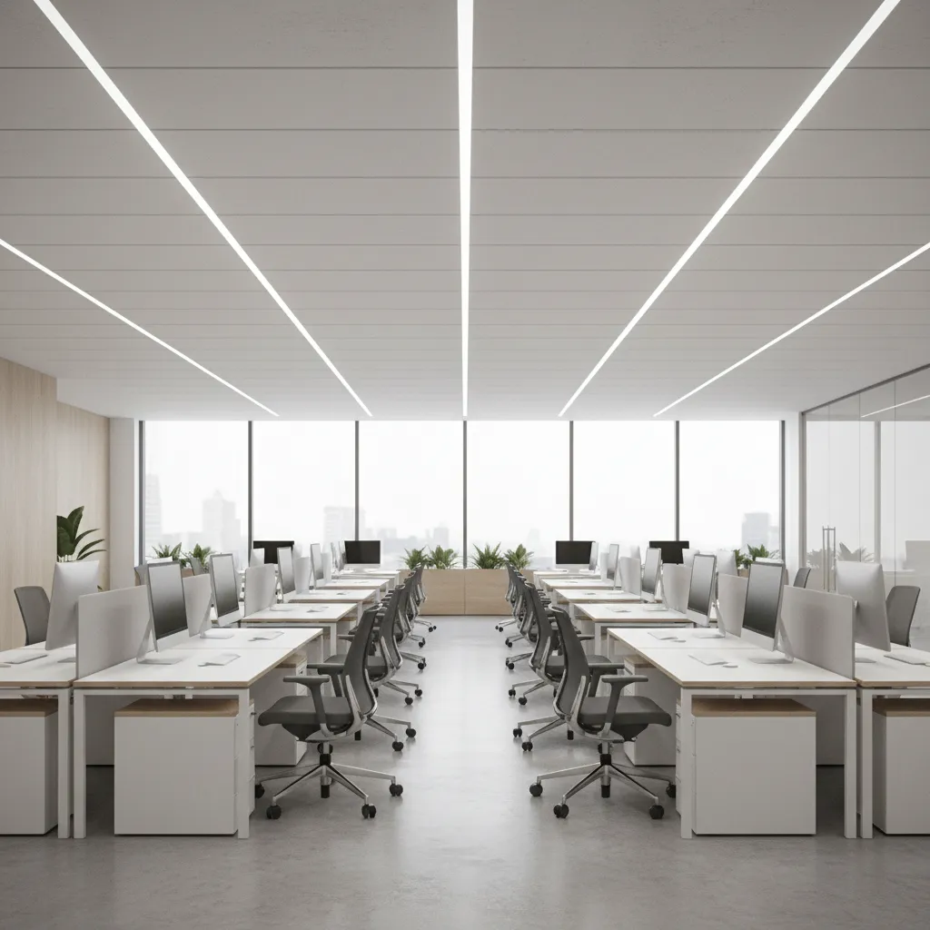 open office workspace with continuous linear LED ceiling lights