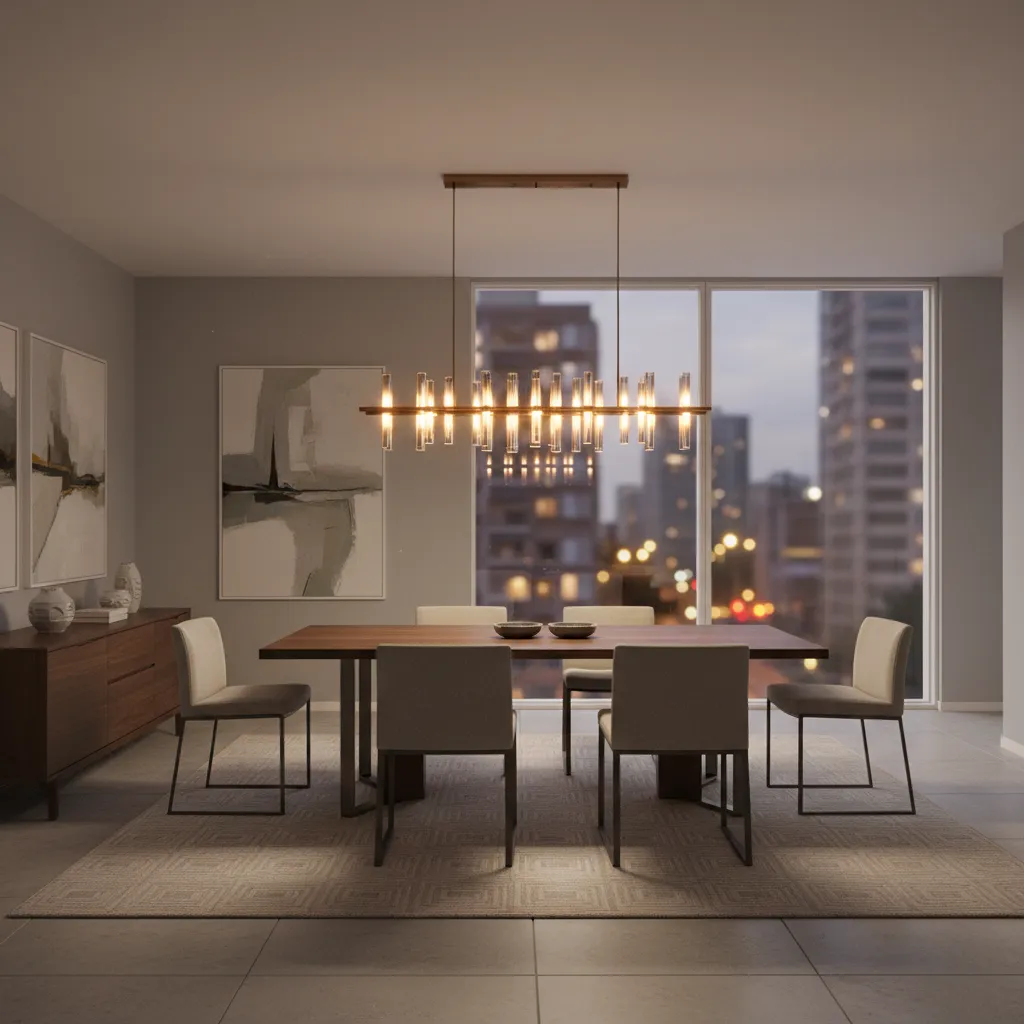 linear pendant light fixture above a 30 x 60 rectangular dining table