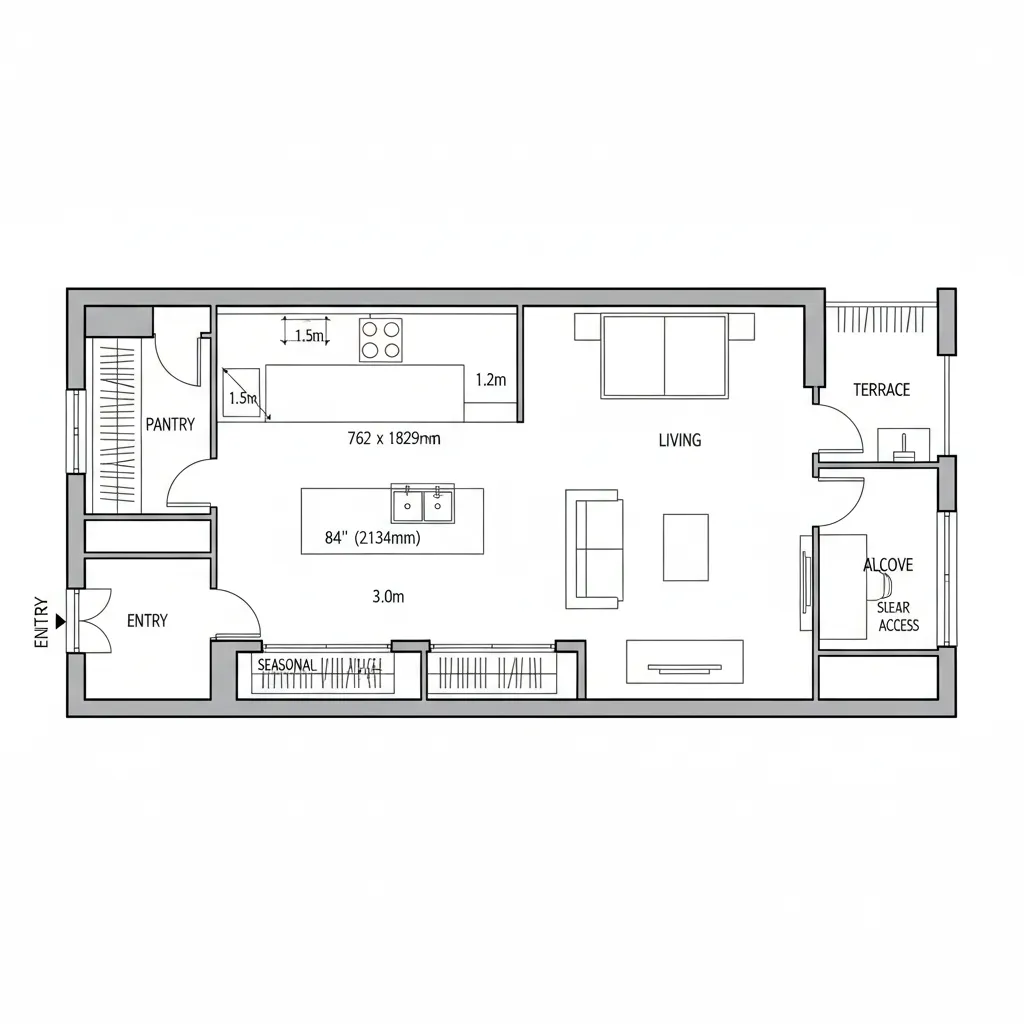 Top-down CAD plan of a linear loft spine with entry, pantry, kitchen, living, study, and terrace