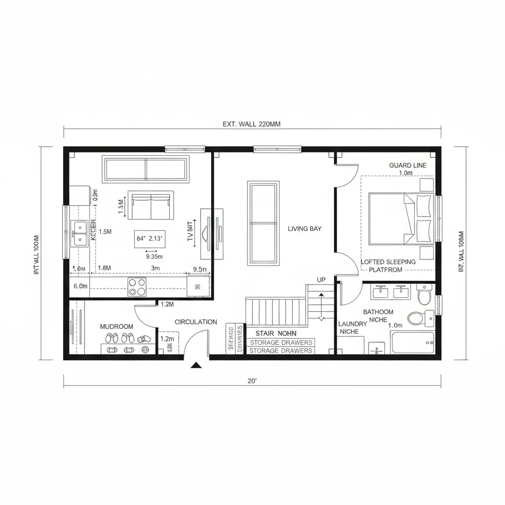 Top-down CAD plan with linear spine and loft over kitchen