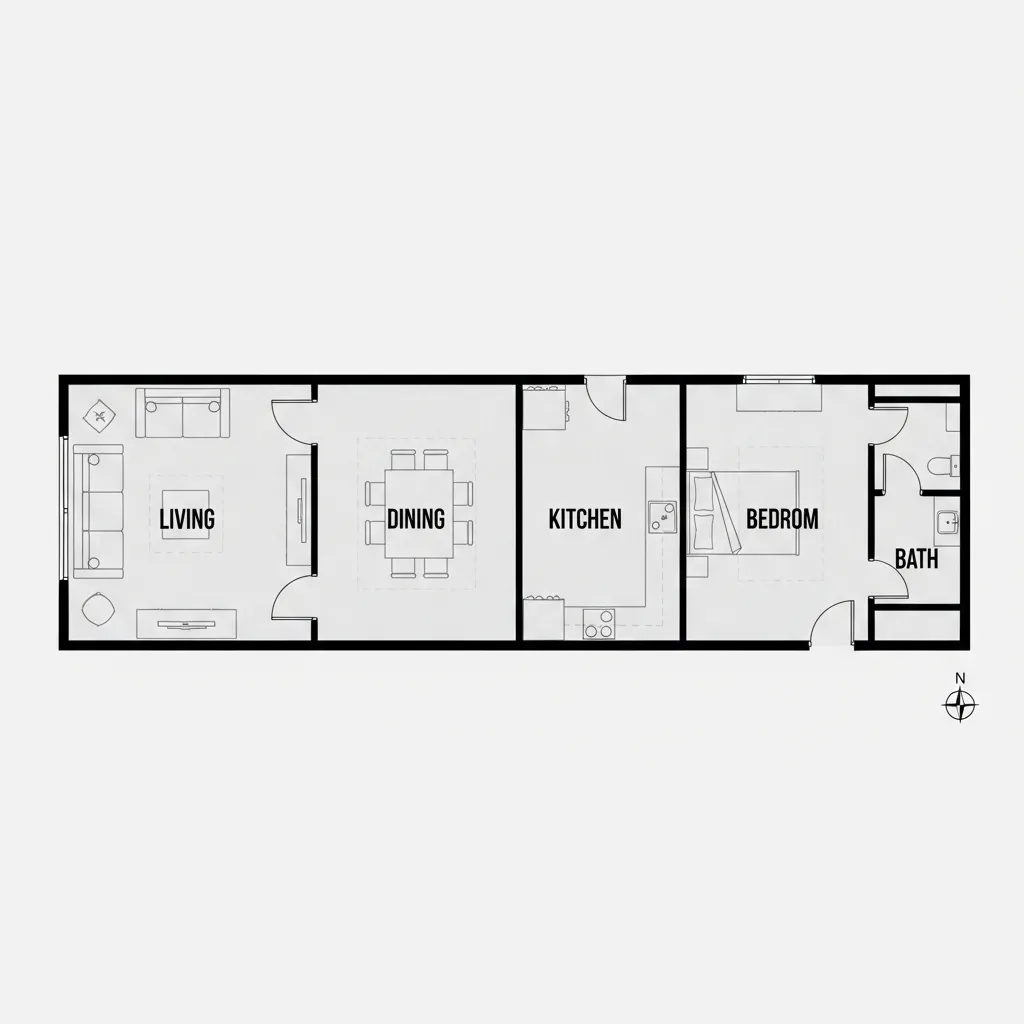 Architectural diagram showing linear room layout in a narrow home floor plan