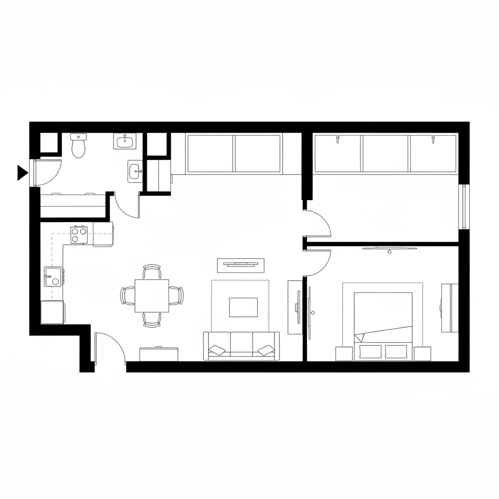 Simple one bedroom apartment layout including a small kitchen dining table sofa and a double bed