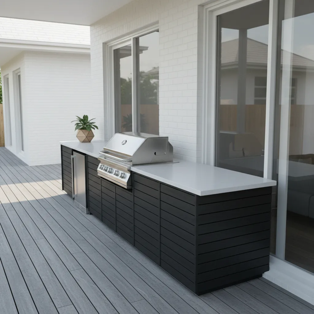 linear outdoor kitchen layout along a narrow porch wall