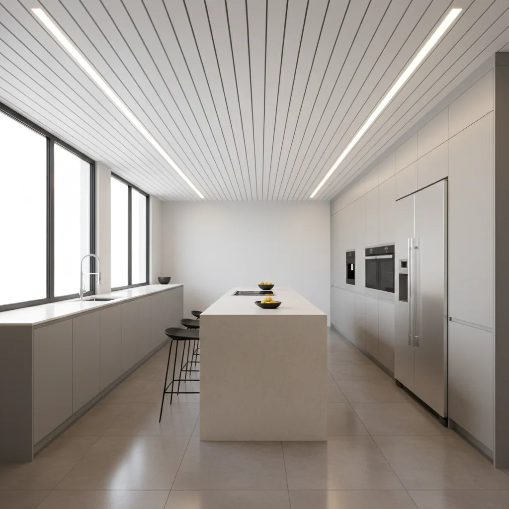 Linear panel ceiling design in a contemporary kitchen