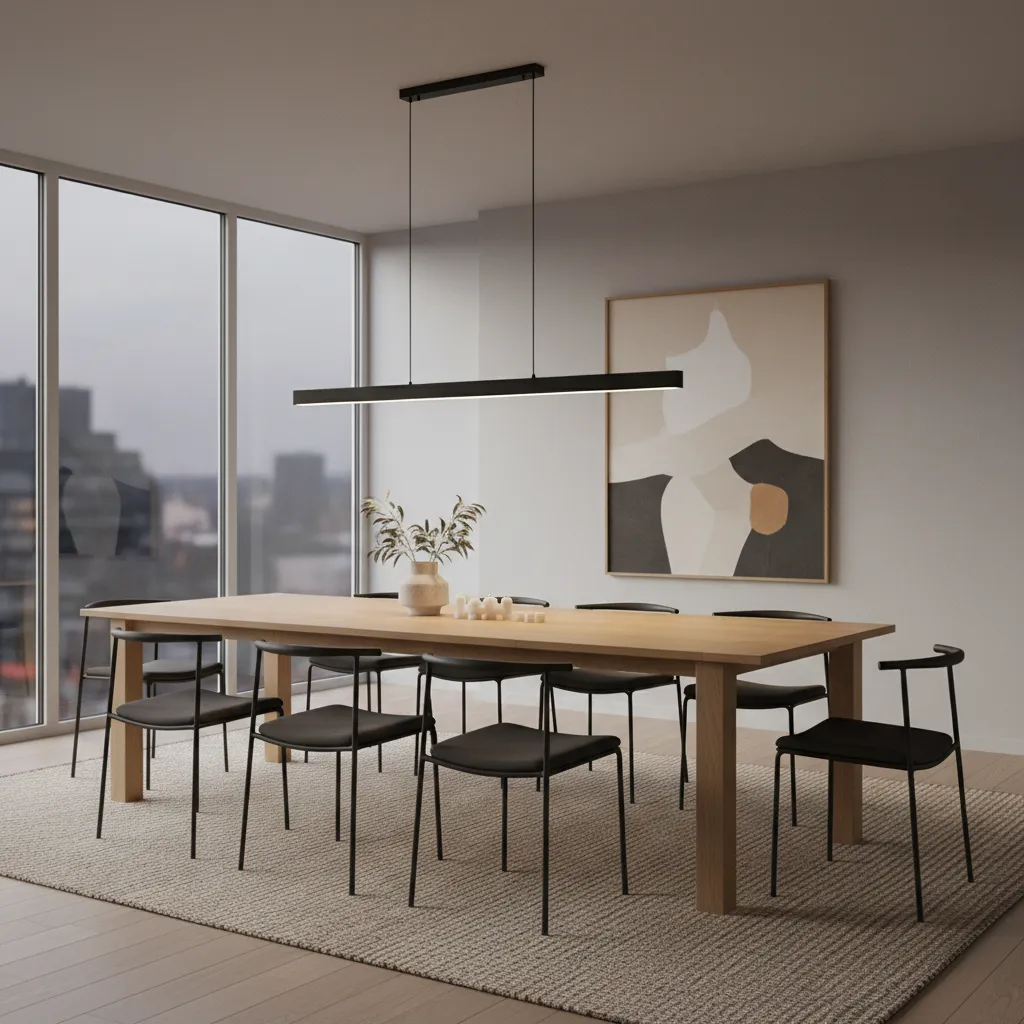 Linear pendant lighting evenly illuminating a long rectangular dining table