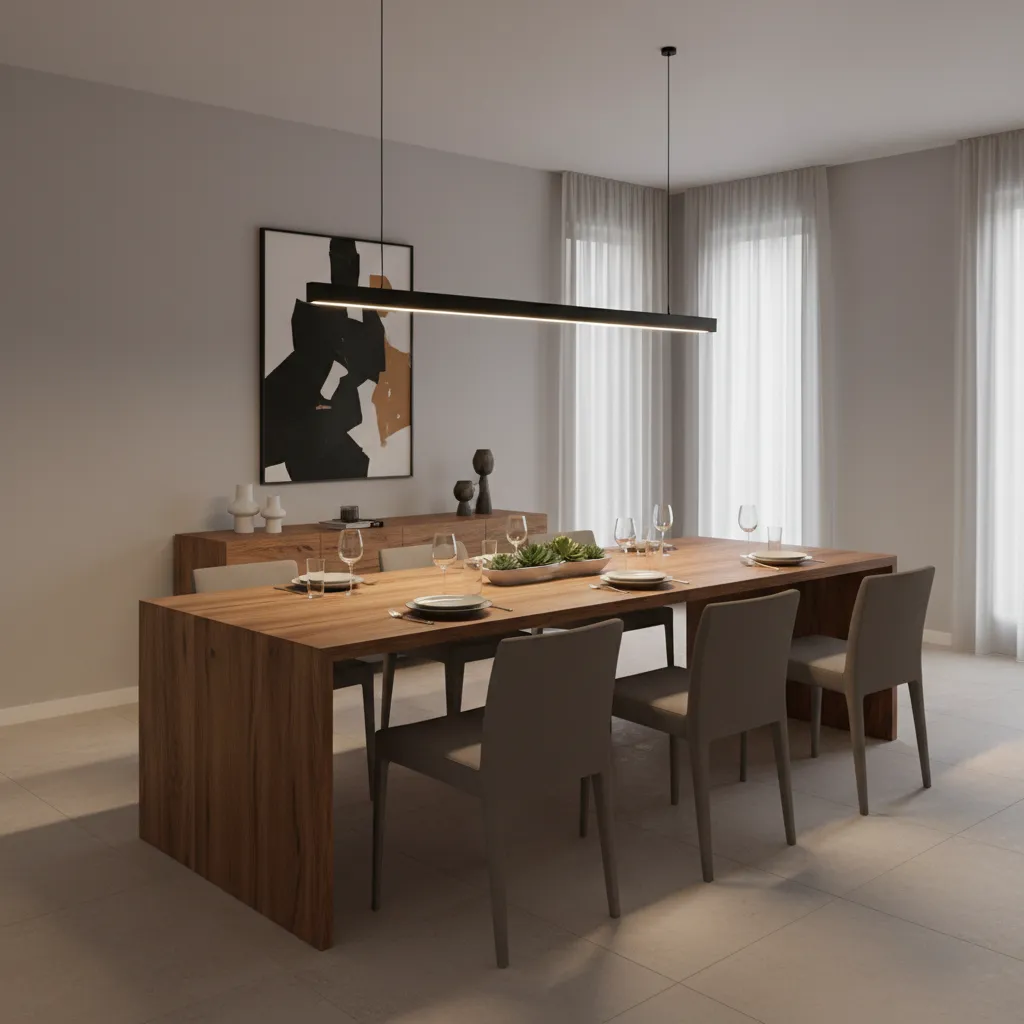 linear pendant lighting evenly illuminating a long dining table