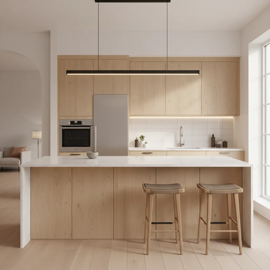 Linear pendant light centered above a kitchen island